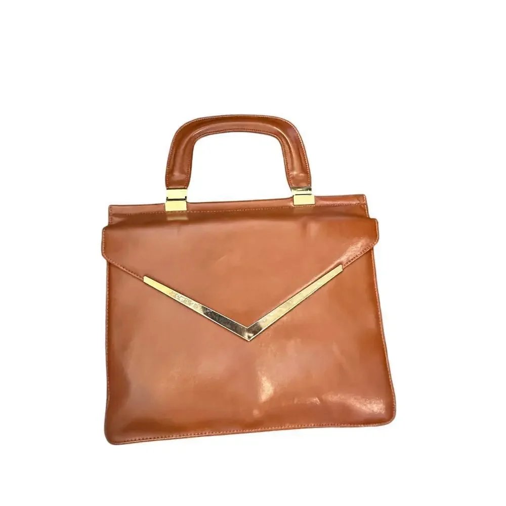 Vintage Women's Brown Genuine Leather Snap Shut Top Handle Bag